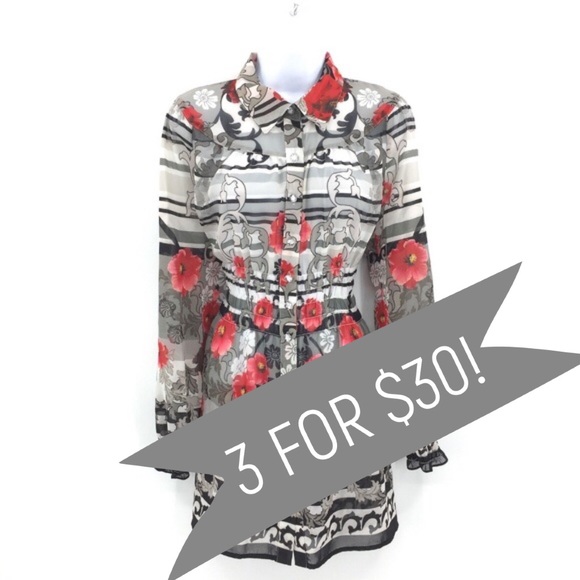 V Cristina Tops - V Cristina Floral Tunic Blouse Red Black Gray Sz M